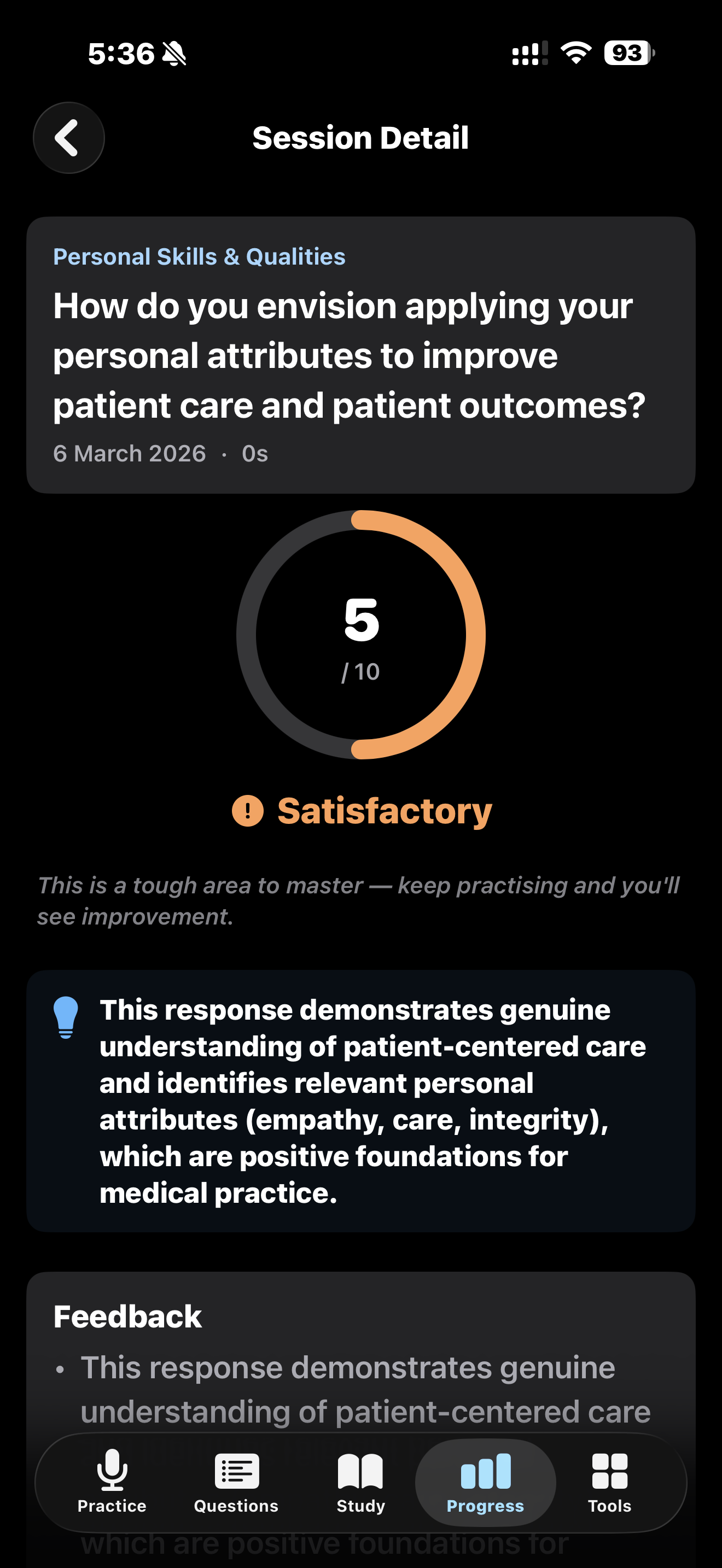MedMMI AI evaluation results with score ring and detailed feedback