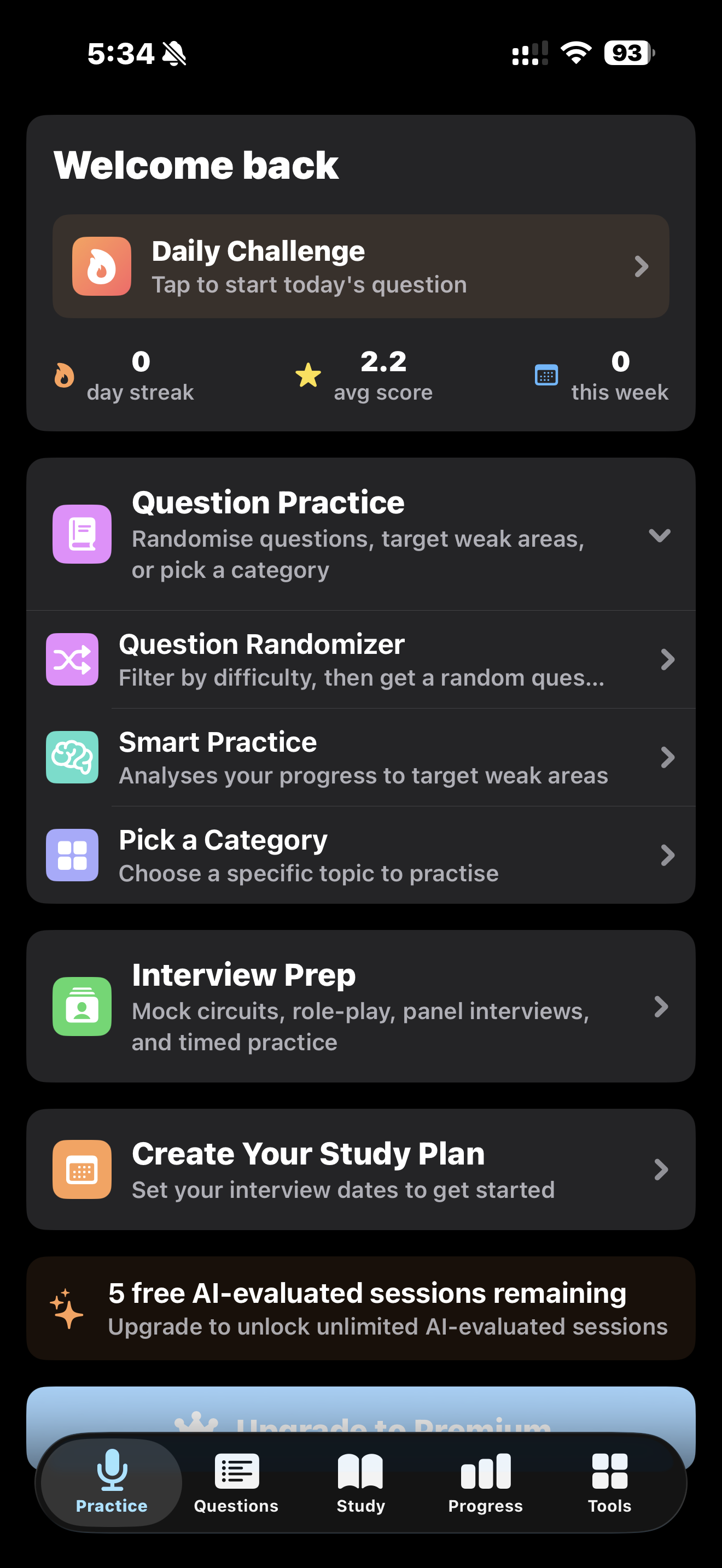 MedMMI Practice tab showing question categories and practice modes