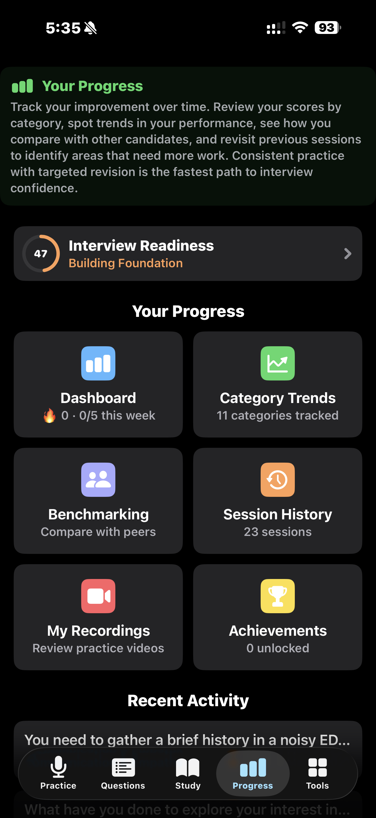 MedMMI Progress tab with Interview Readiness Score and trends